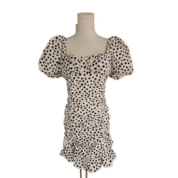 Zara Ruched Polka Dot Puff Sleeve Mini Dress Milkmaid Ivory & Black Dots Medium - Picture 4 of 10